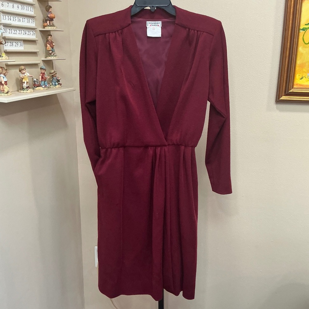 Yves Saint Laurent Dress Rive Gauche 44 Burgundy Wool Surplice Long Sleeve Midi